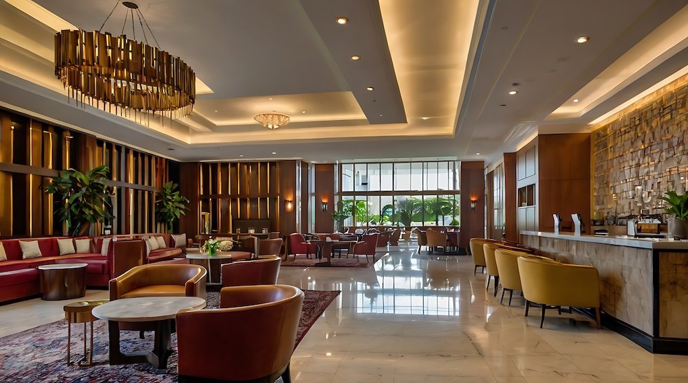 A light-filled lobby with tall windows